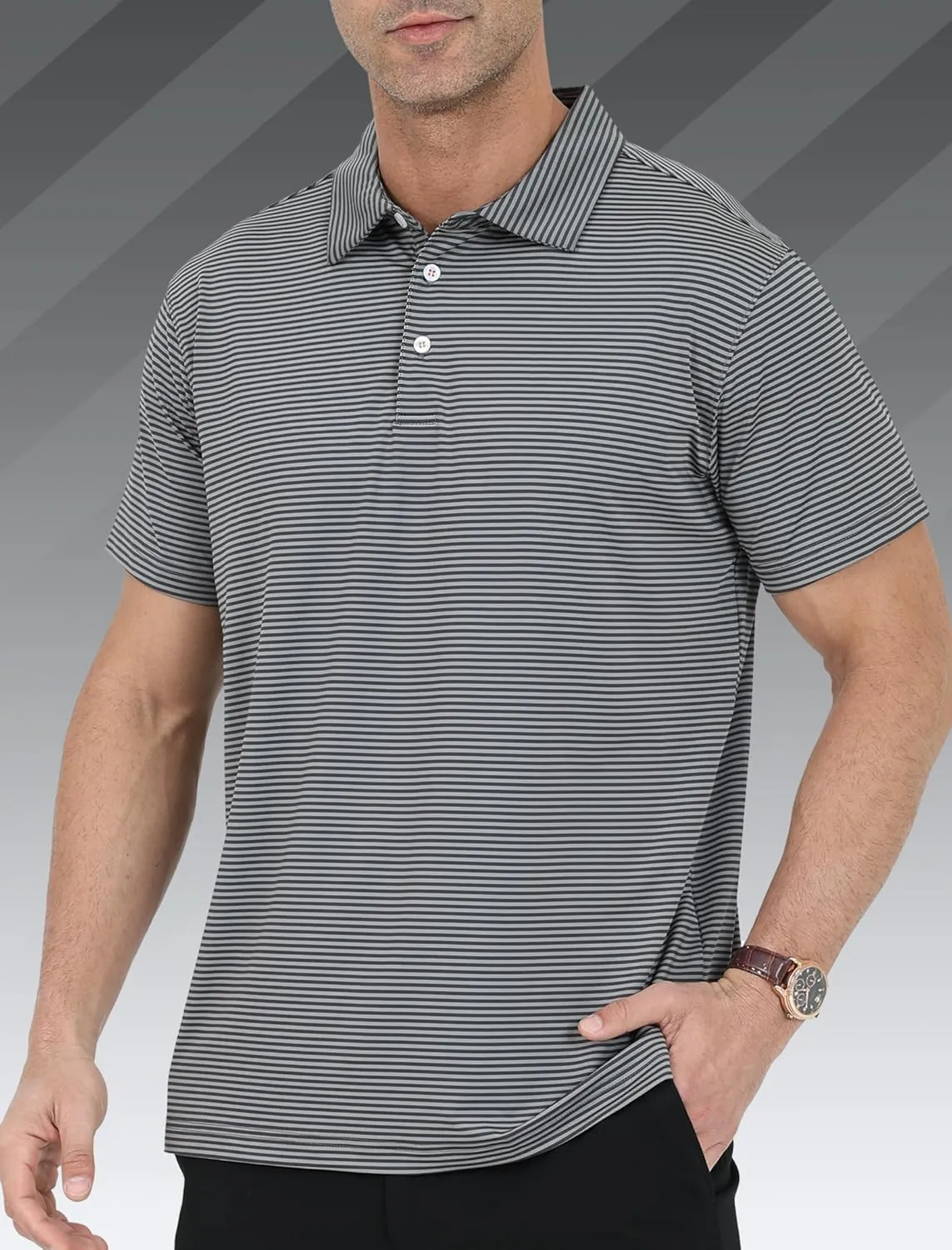 2 Pack Mens Golf Polo Shirts Striped Moisture Wicking Short Sleeve Performance Quick Dry Casual Tennis Golf