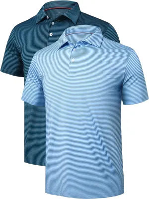 2 Pack Mens Golf Polo Shirts Striped Moisture Wicking Short Sleeve Performance Quick Dry Casual Tennis Golf