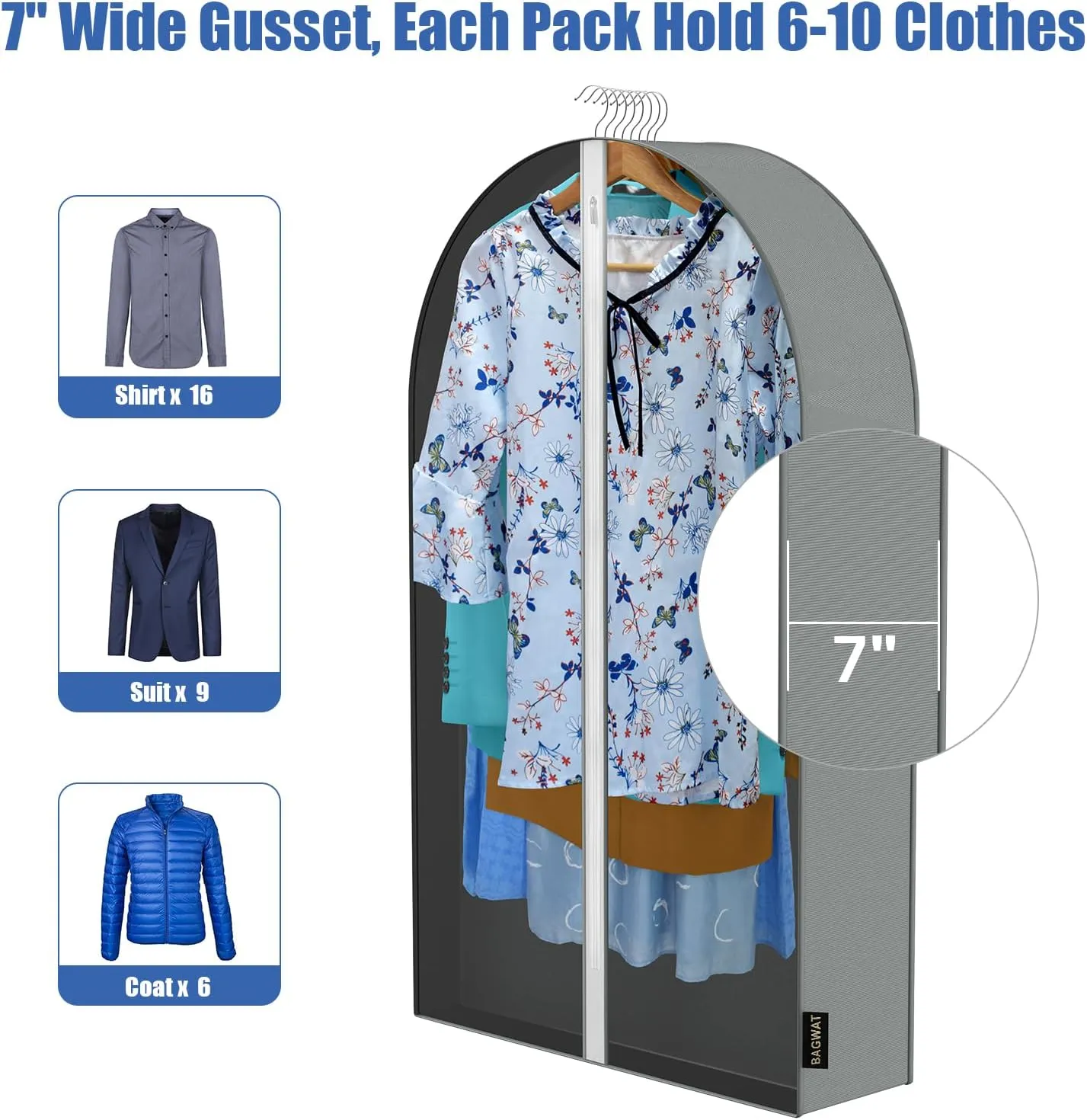 40'' Garment Bags - 3PK Clear Hanging Clothes Storage Bags with Front Zipper and Transparent PEVA Material