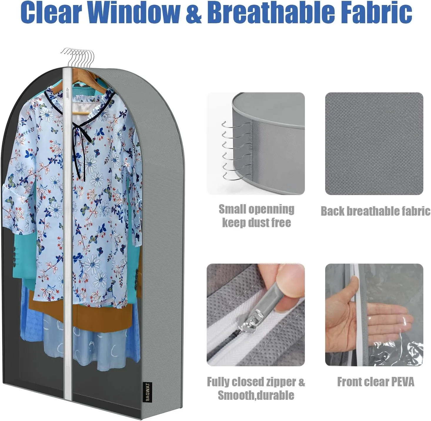40'' Garment Bags - 3PK Clear Hanging Clothes Storage Bags with Front Zipper and Transparent PEVA Material