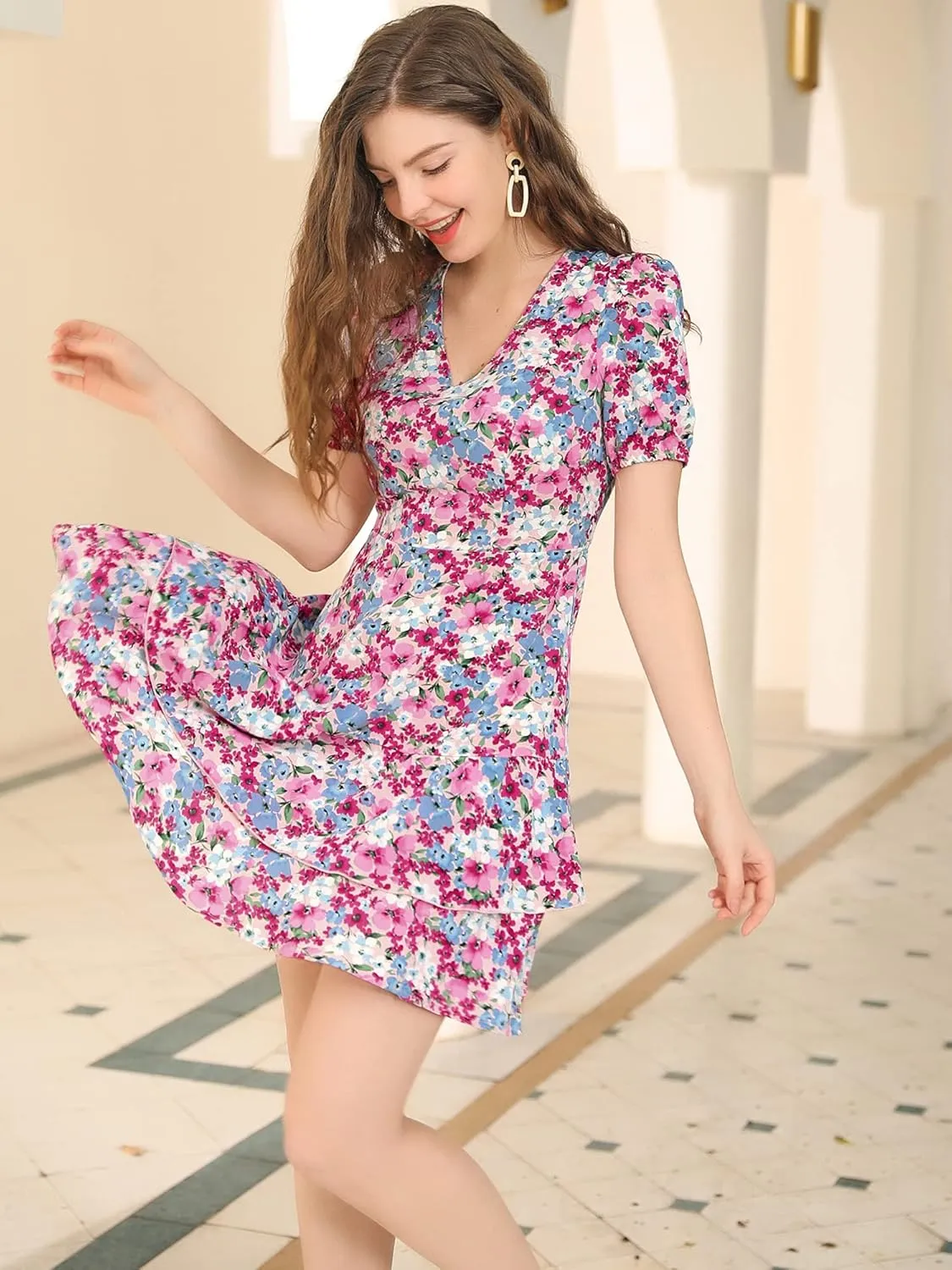 Allegra K Women's Floral Print Backless Dresses Lace Trim A-Line Layer Hem Dress