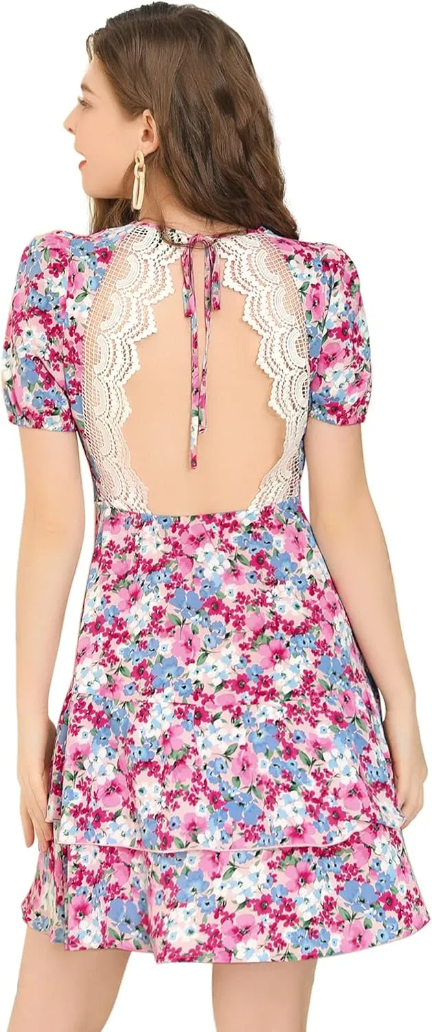 Allegra K Women's Floral Print Backless Dresses Lace Trim A-Line Layer Hem Dress