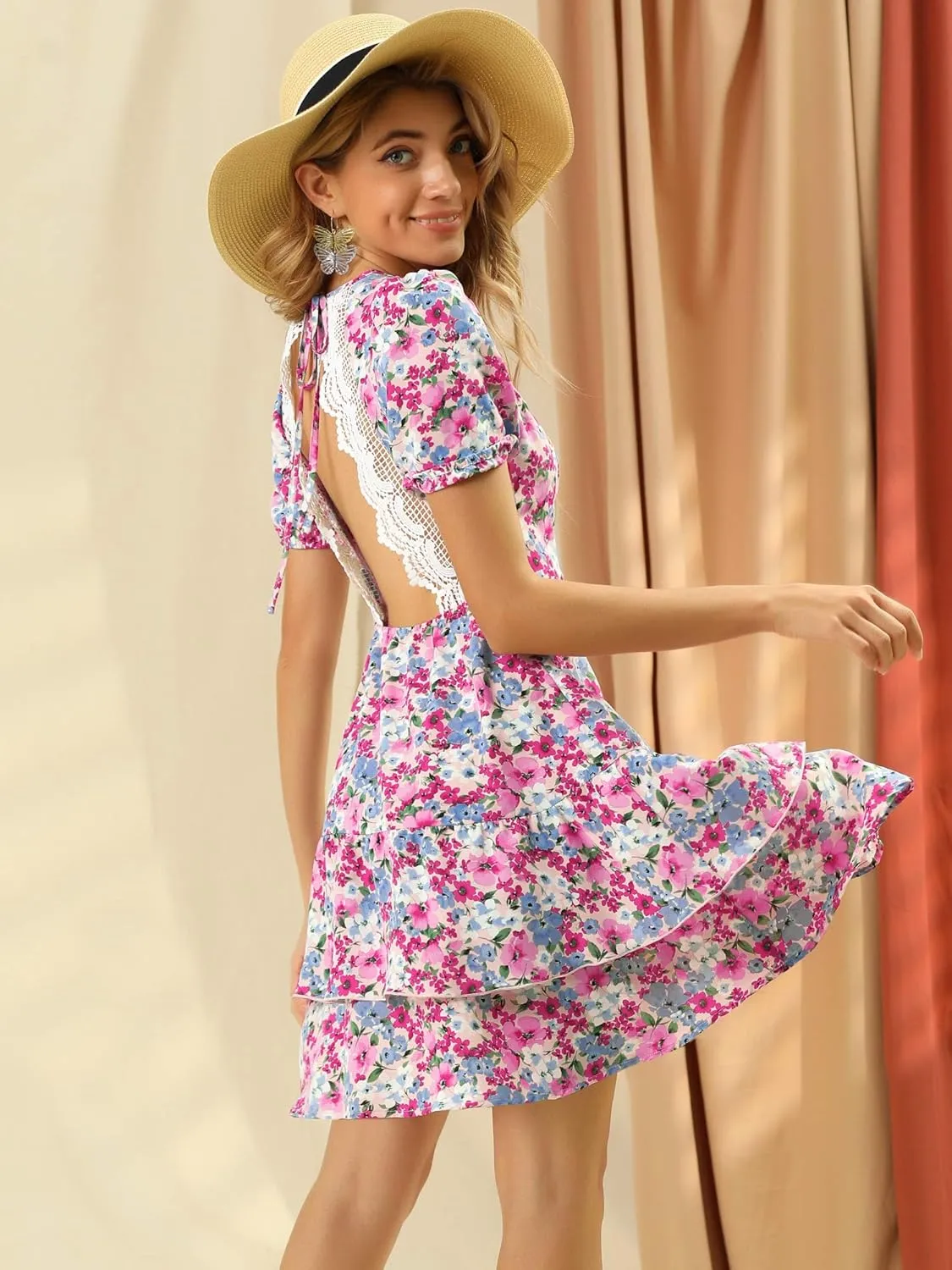 Allegra K Women's Floral Print Backless Dresses Lace Trim A-Line Layer Hem Dress