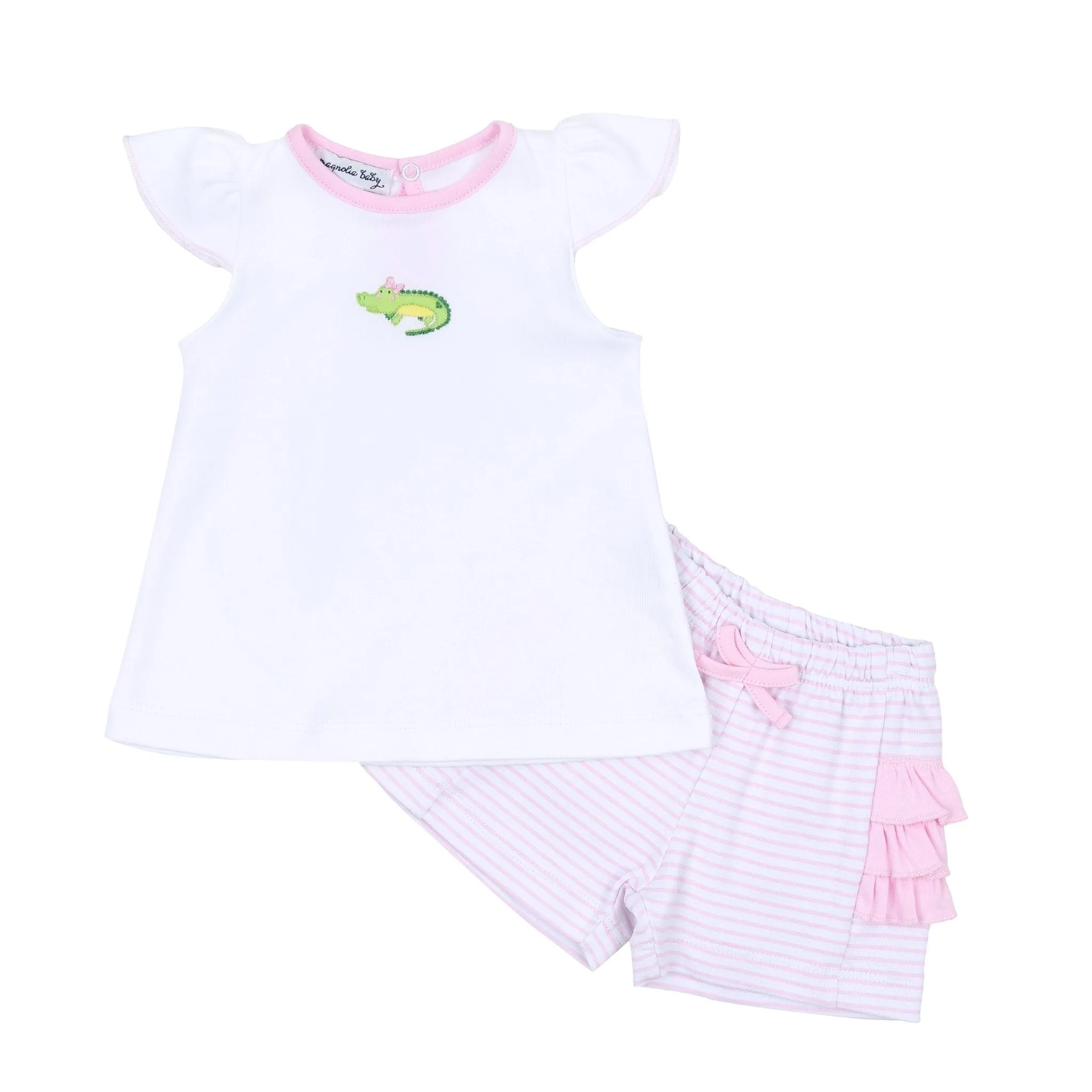 Alligator Friends Pink Embroidered Ruffle Flutters Short Set