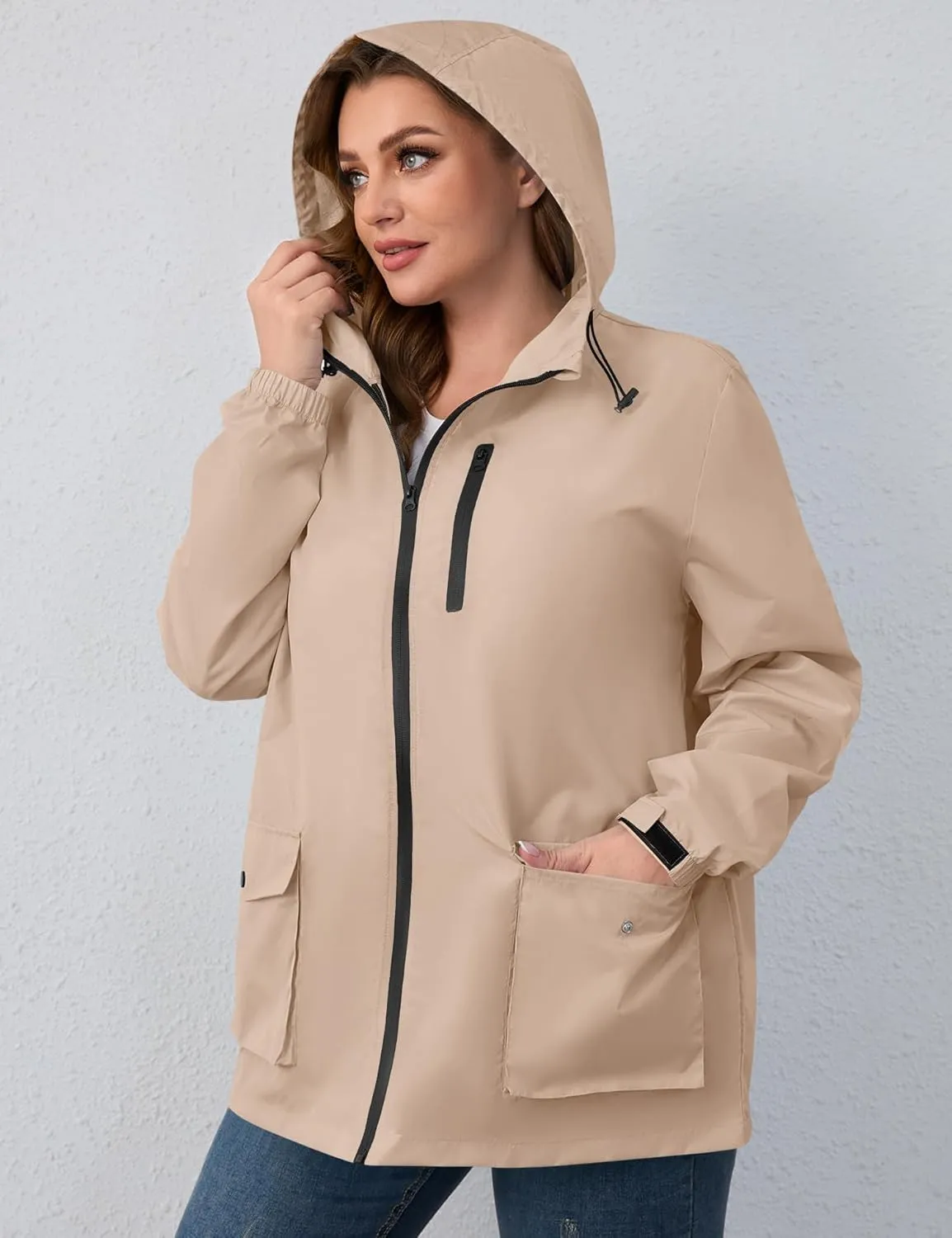 Avoogue Plus Size Womens Rain Jacket with Hood,Packable,Lightweight,Windbreaker,Waterproof Thin Jackets,Hiking,Travel