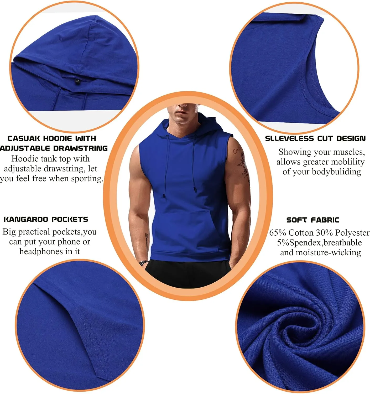 Babioboa Men's Workout Hooded Tank Tops Sleeveless Gym Hoodies Bodybuilding Muscle Cut Off T-Shirts