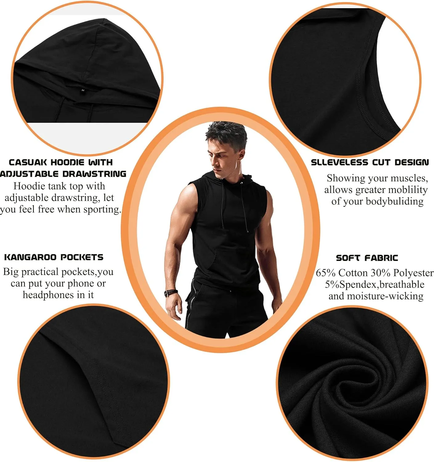 Babioboa Men's Workout Hooded Tank Tops Sleeveless Gym Hoodies Bodybuilding Muscle Cut Off T-Shirts