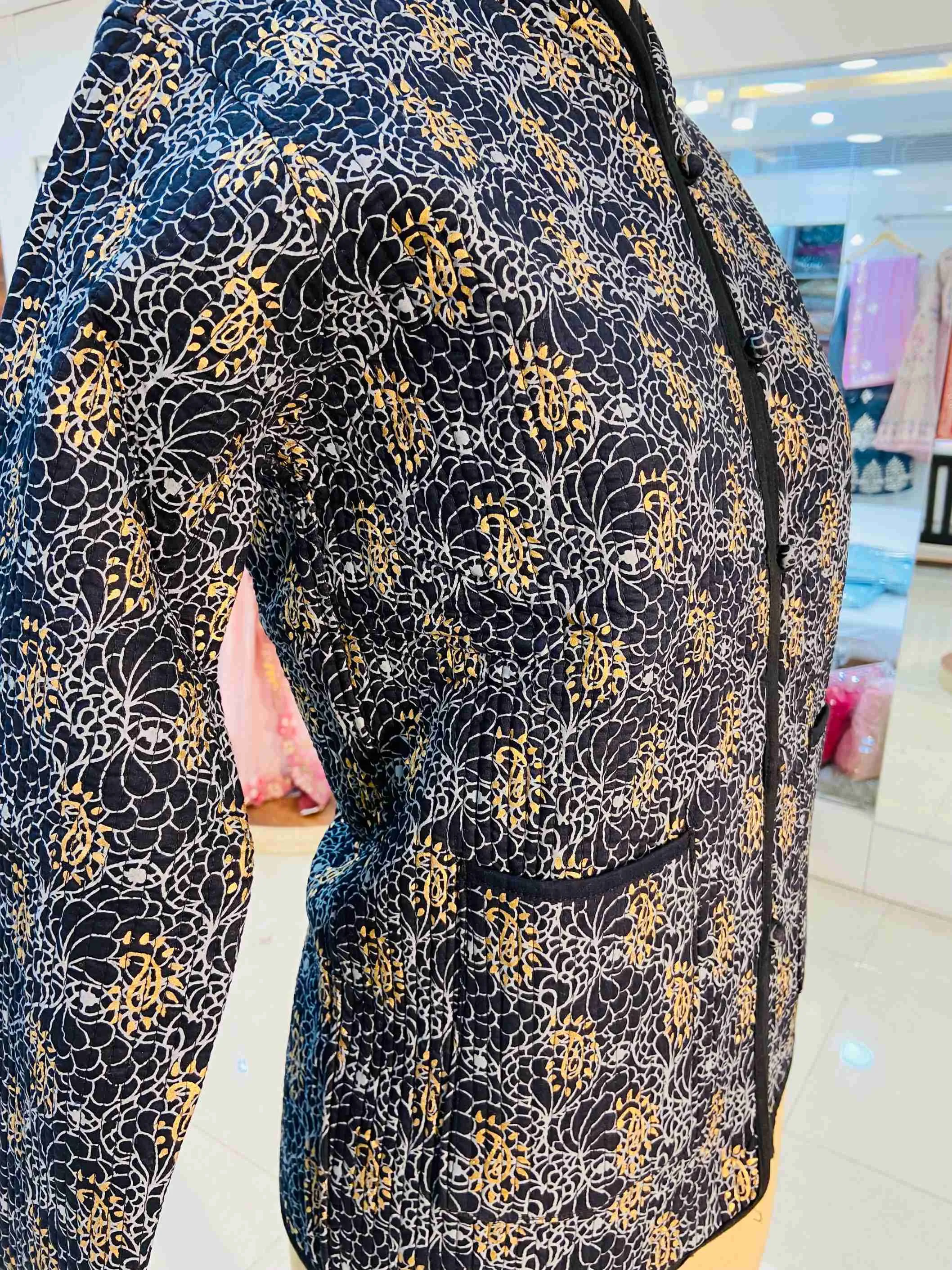 Black Block Printed 100% Cotton Quilted Jacket