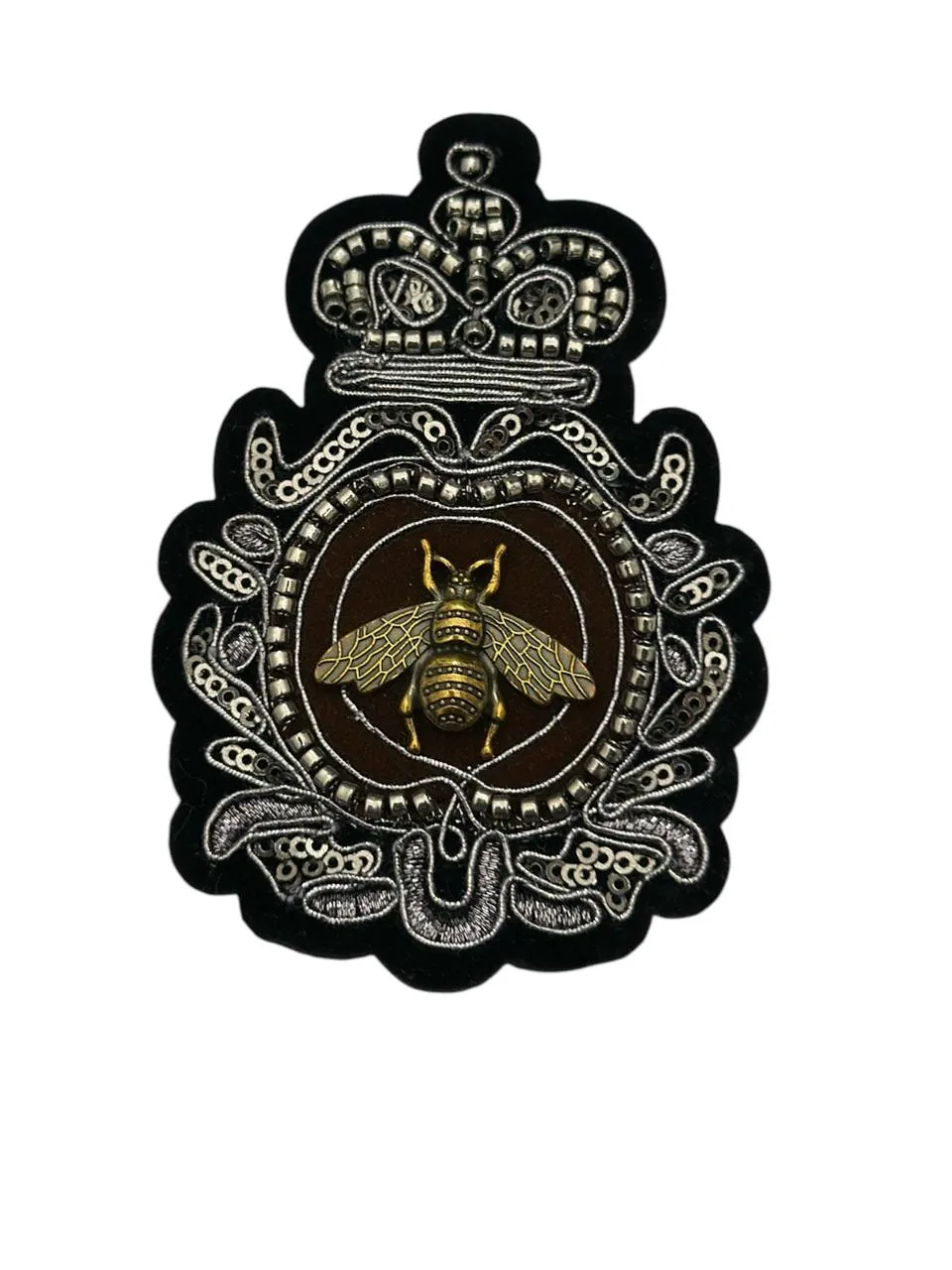 Brown Black Embroidery Patch With A Antique Golden Bee And Silver Outlining
