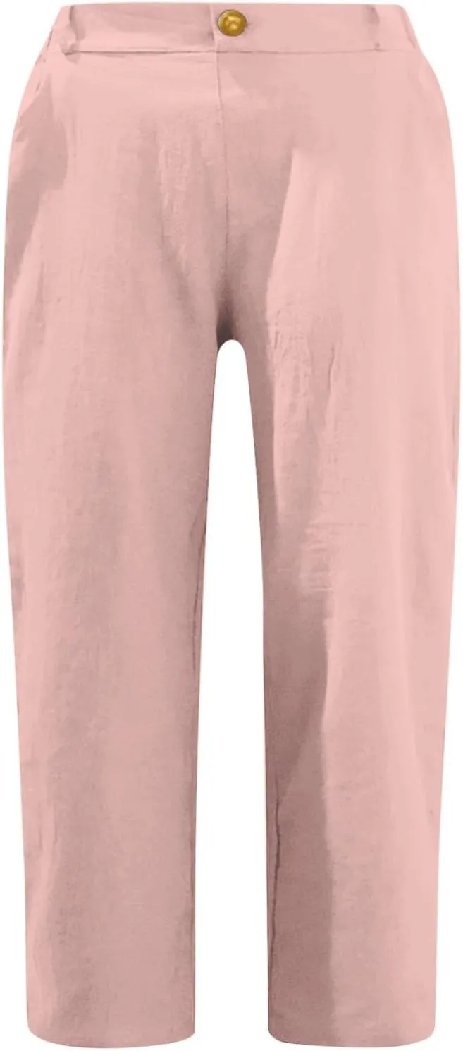 Capri Linen Pants Women Casual Elastic Waisted Trousers Stretchy Ladies Cropped Palazzo Pants Casual Summer 2025