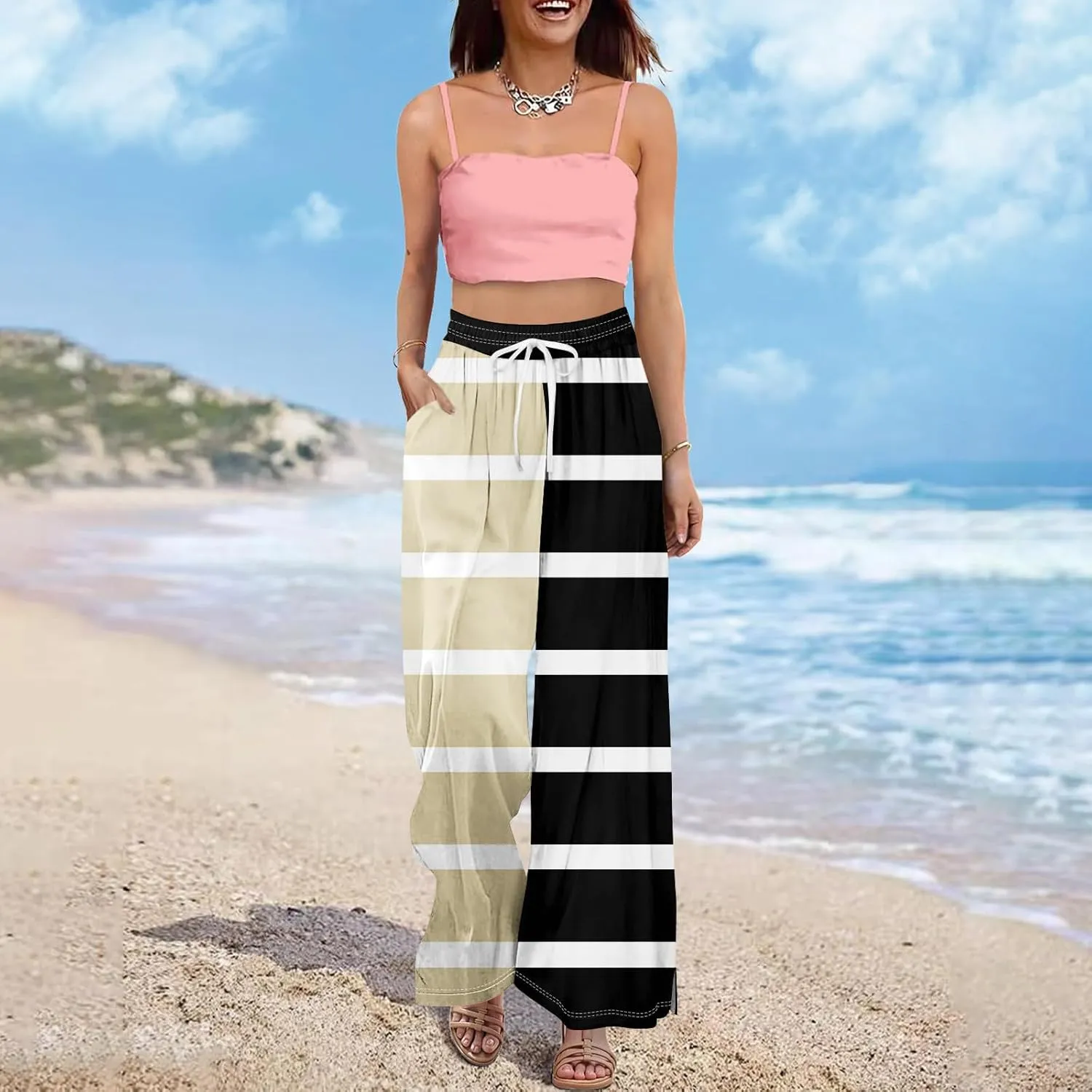 Casual Pants for Women Casual Elastic Waist 2025 Trendy Summer Floral Baggy Palazzo Bottoms