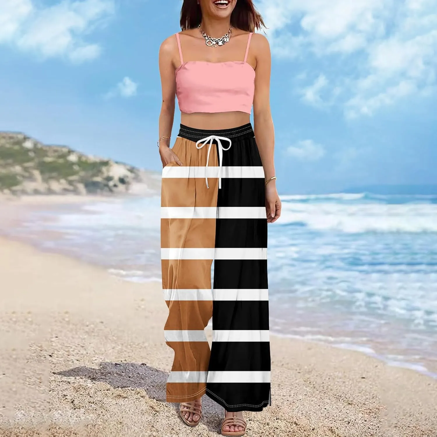 Casual Pants for Women Casual Elastic Waist 2025 Trendy Summer Floral Baggy Palazzo Bottoms
