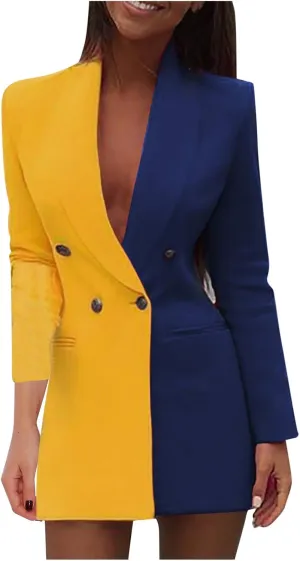 Colorblock Casual Long Suits Jackets Turn Down Collar Double Breasted OL Work Bodycon Blazer Dress