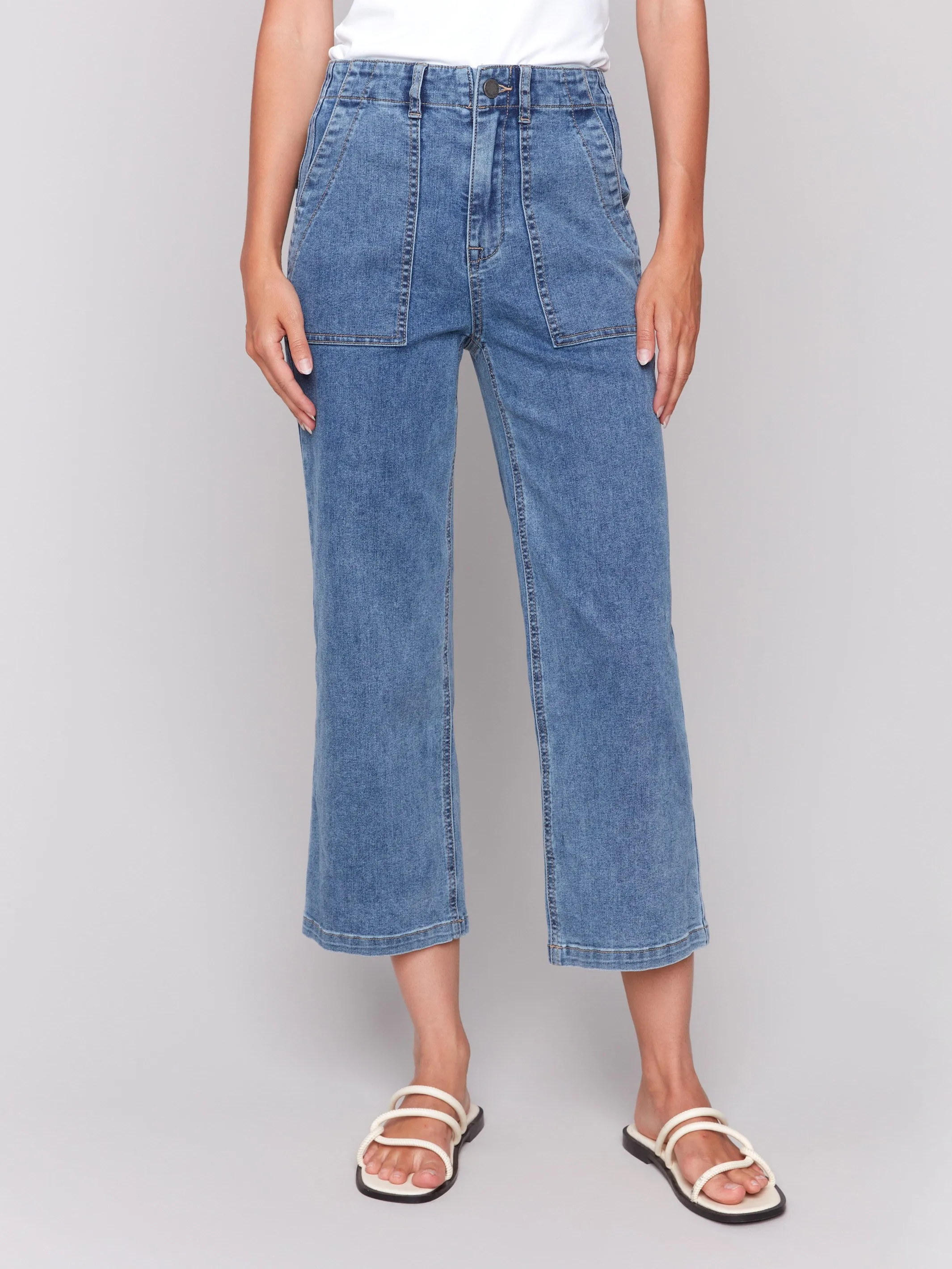 Cropped Utility Pocket Jeans - Medium Blue