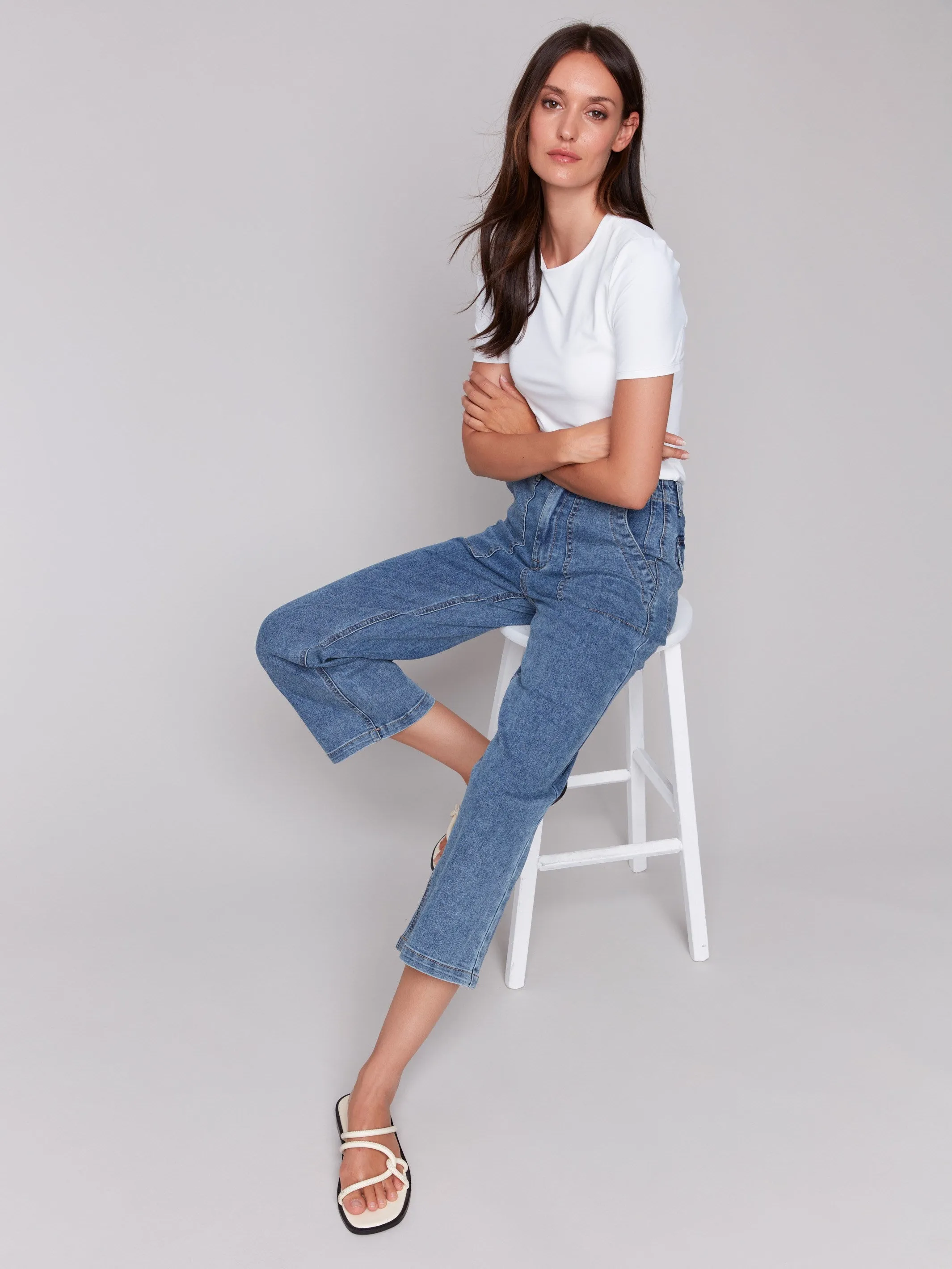 Cropped Utility Pocket Jeans - Medium Blue