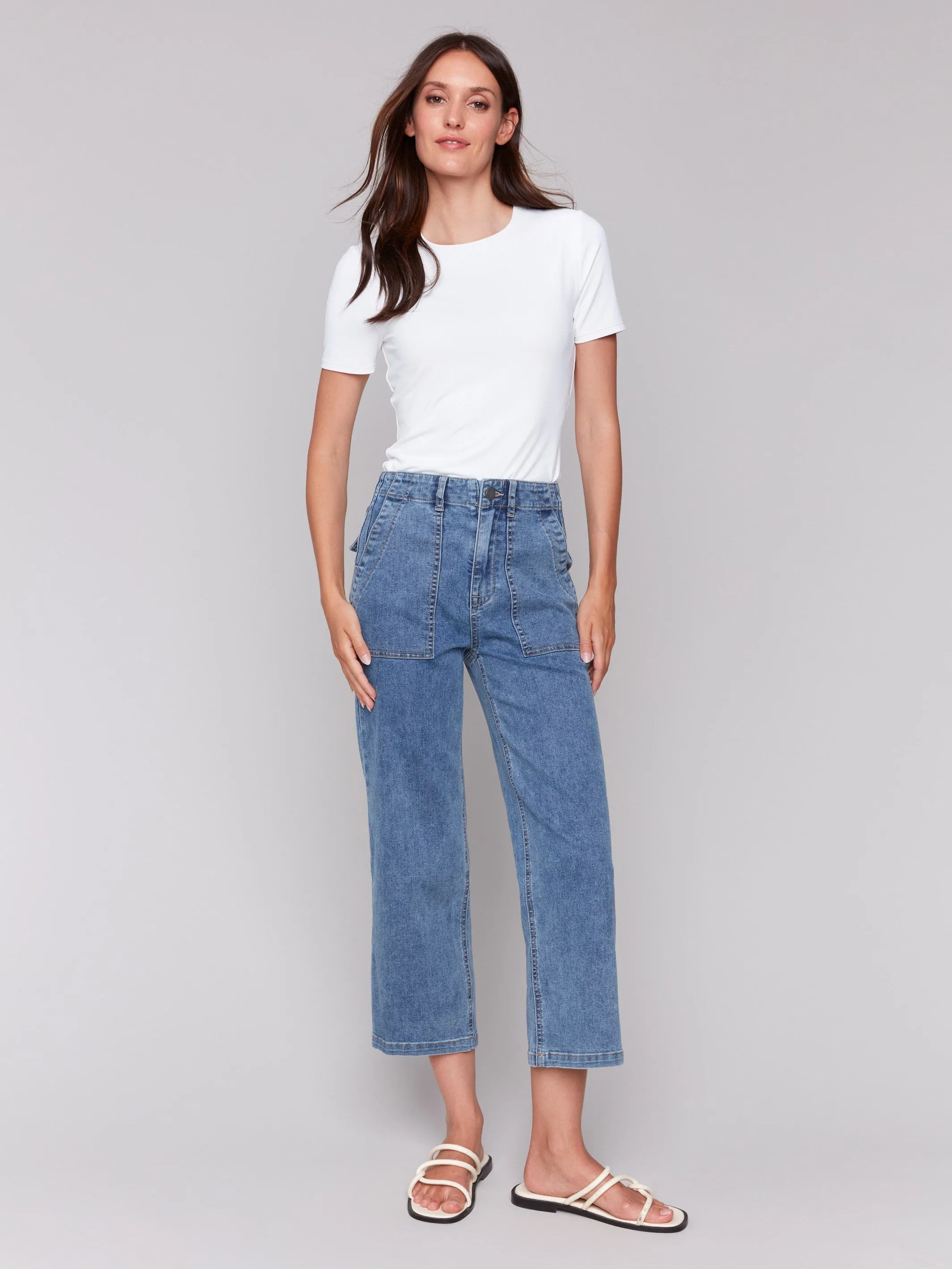 Cropped Utility Pocket Jeans - Medium Blue