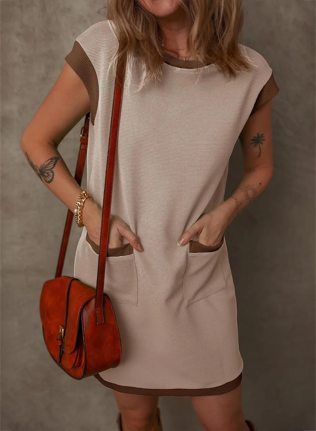 Dokotoo Women's Casual Summer Dresses Fashion Cap Sleeve Color Block Crewneck Shift Tshirt Mini Dress