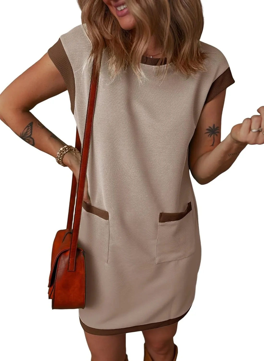 Dokotoo Women's Casual Summer Dresses Fashion Cap Sleeve Color Block Crewneck Shift Tshirt Mini Dress