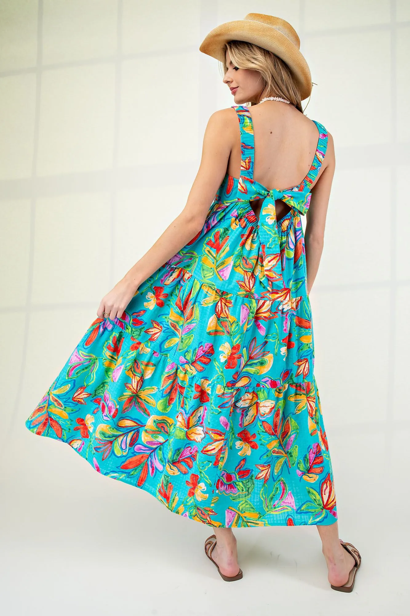 Easel Tropical Print Flowy Bow Back Maxi Dress