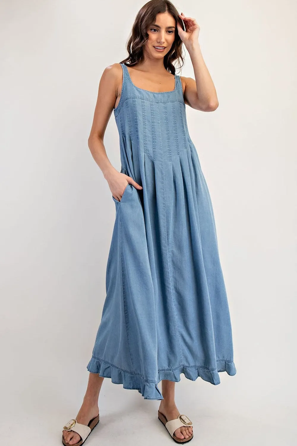 ee:Some Denim Ruffle Hem Sleeveless Maxi Dress