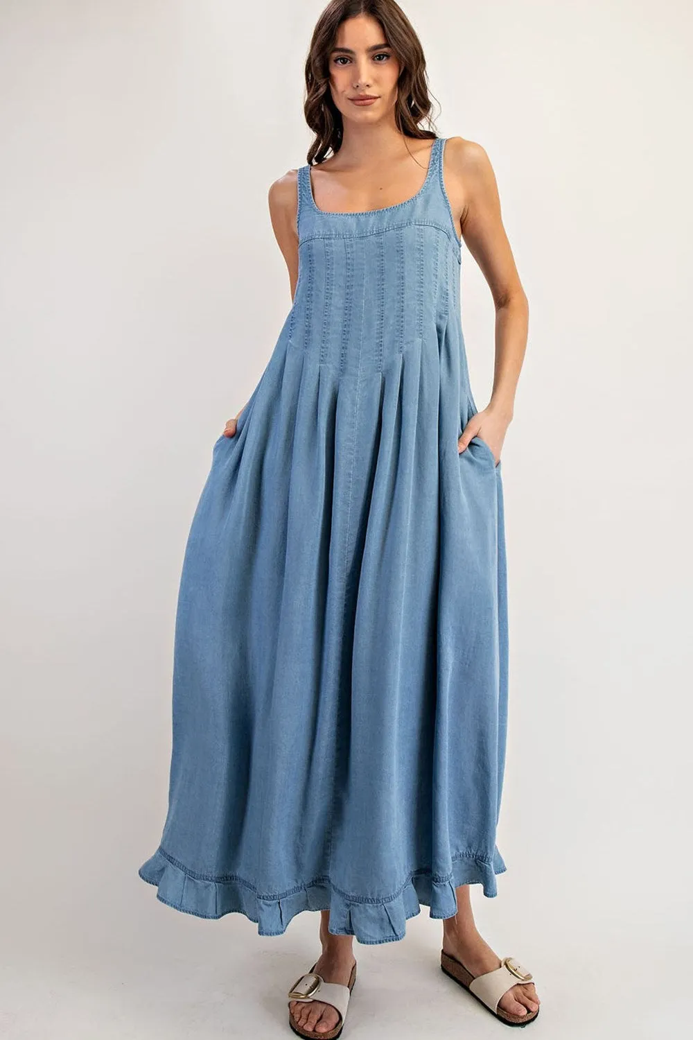 ee:Some Denim Ruffle Hem Sleeveless Maxi Dress