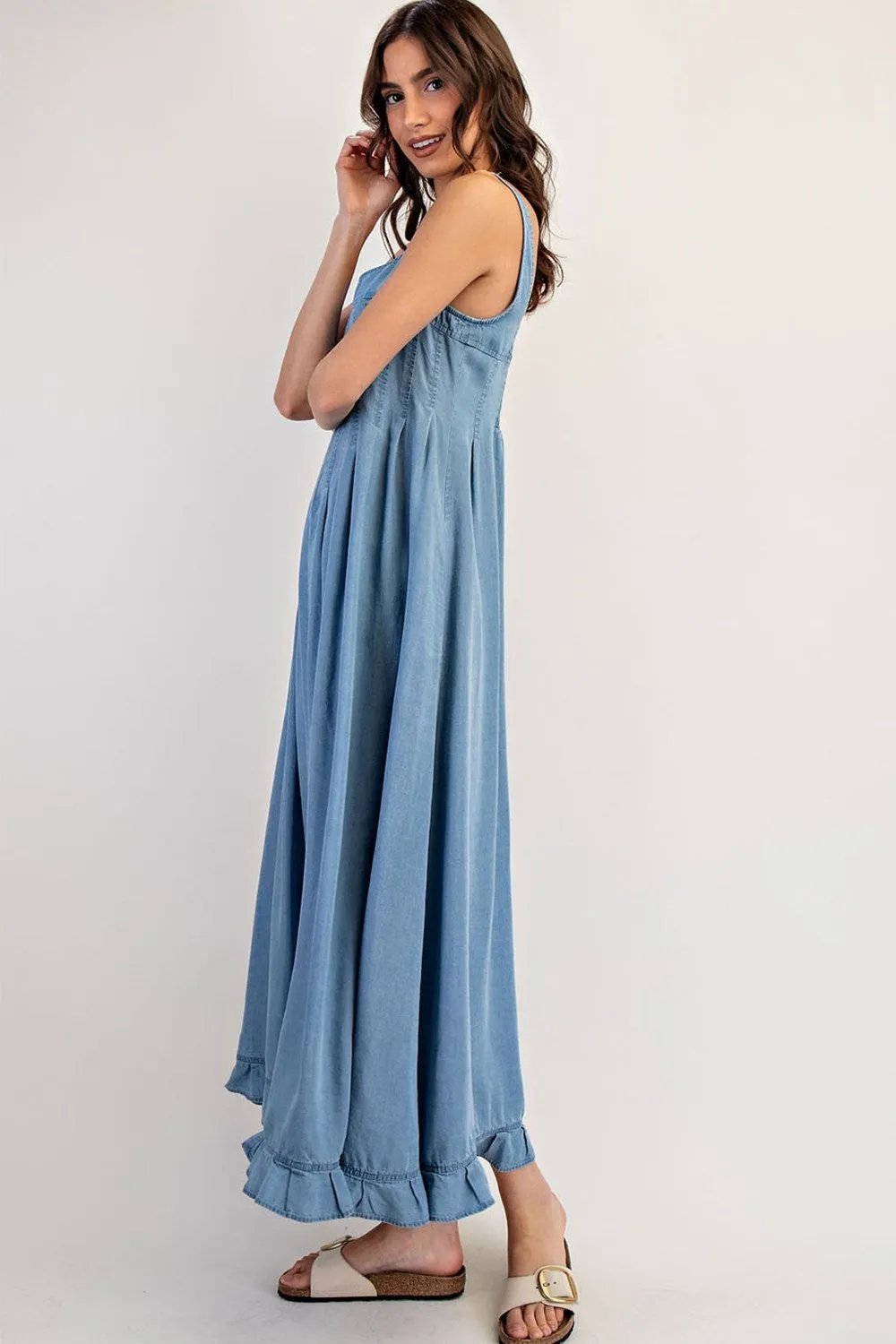 ee:Some Denim Ruffle Hem Sleeveless Maxi Dress