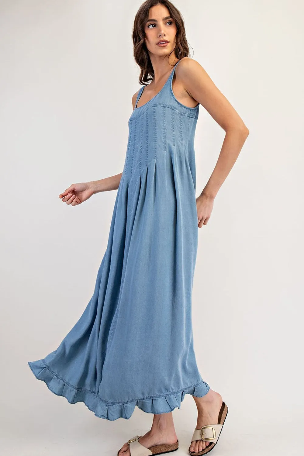 ee:Some Denim Ruffle Hem Sleeveless Maxi Dress
