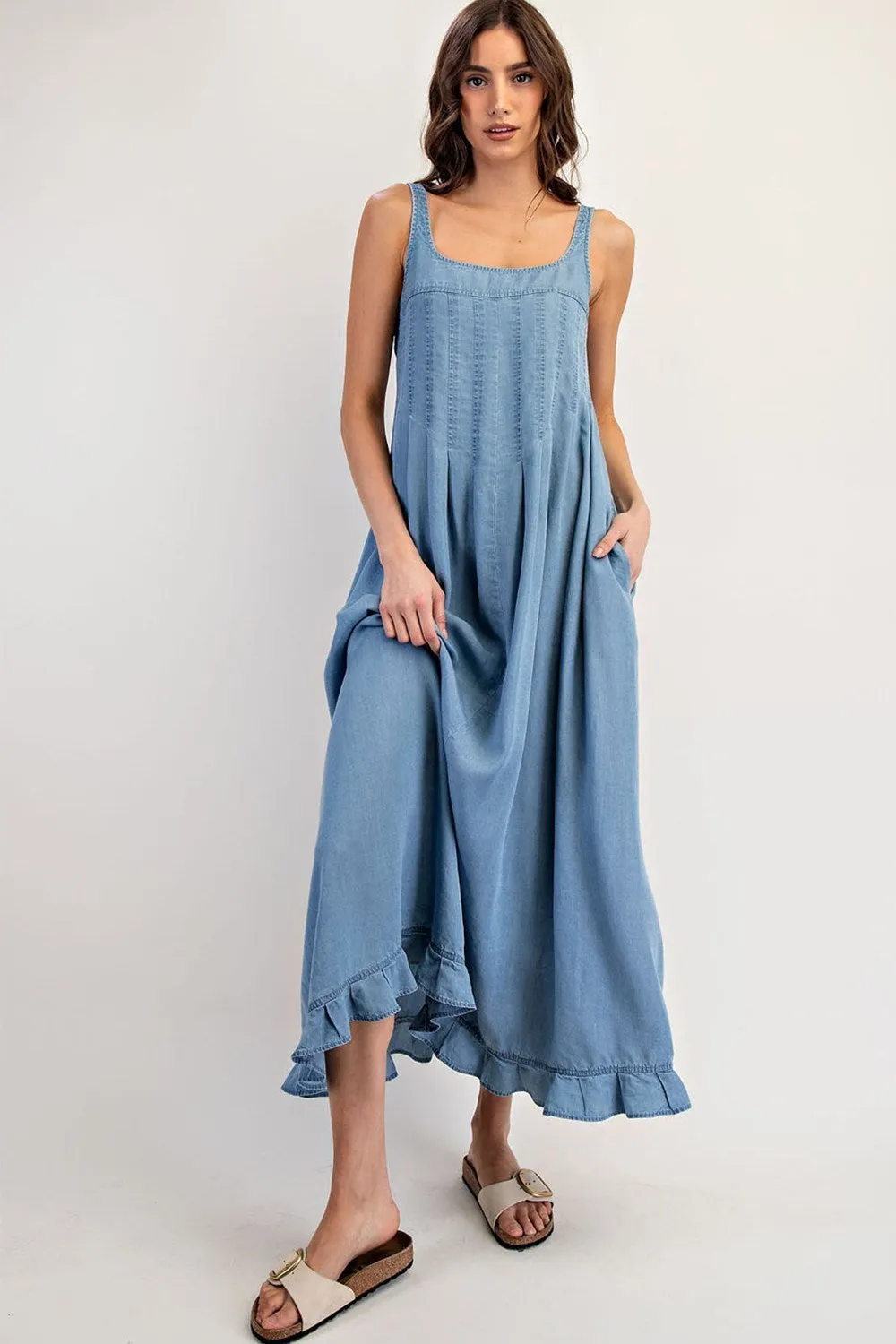 ee:Some Denim Ruffle Hem Sleeveless Maxi Dress