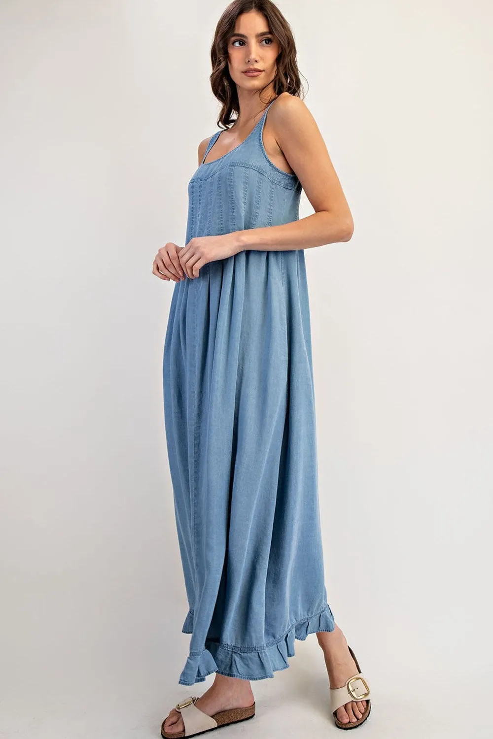 ee:Some Denim Ruffle Hem Sleeveless Maxi Dress