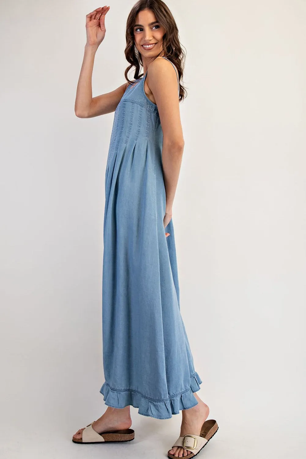 ee:Some Denim Ruffle Hem Sleeveless Maxi Dress