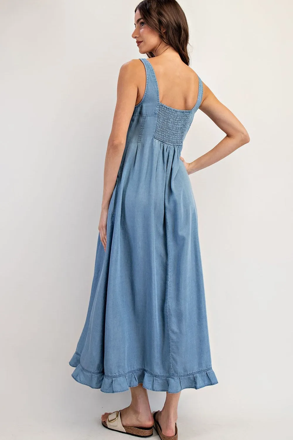 ee:Some Denim Ruffle Hem Sleeveless Maxi Dress