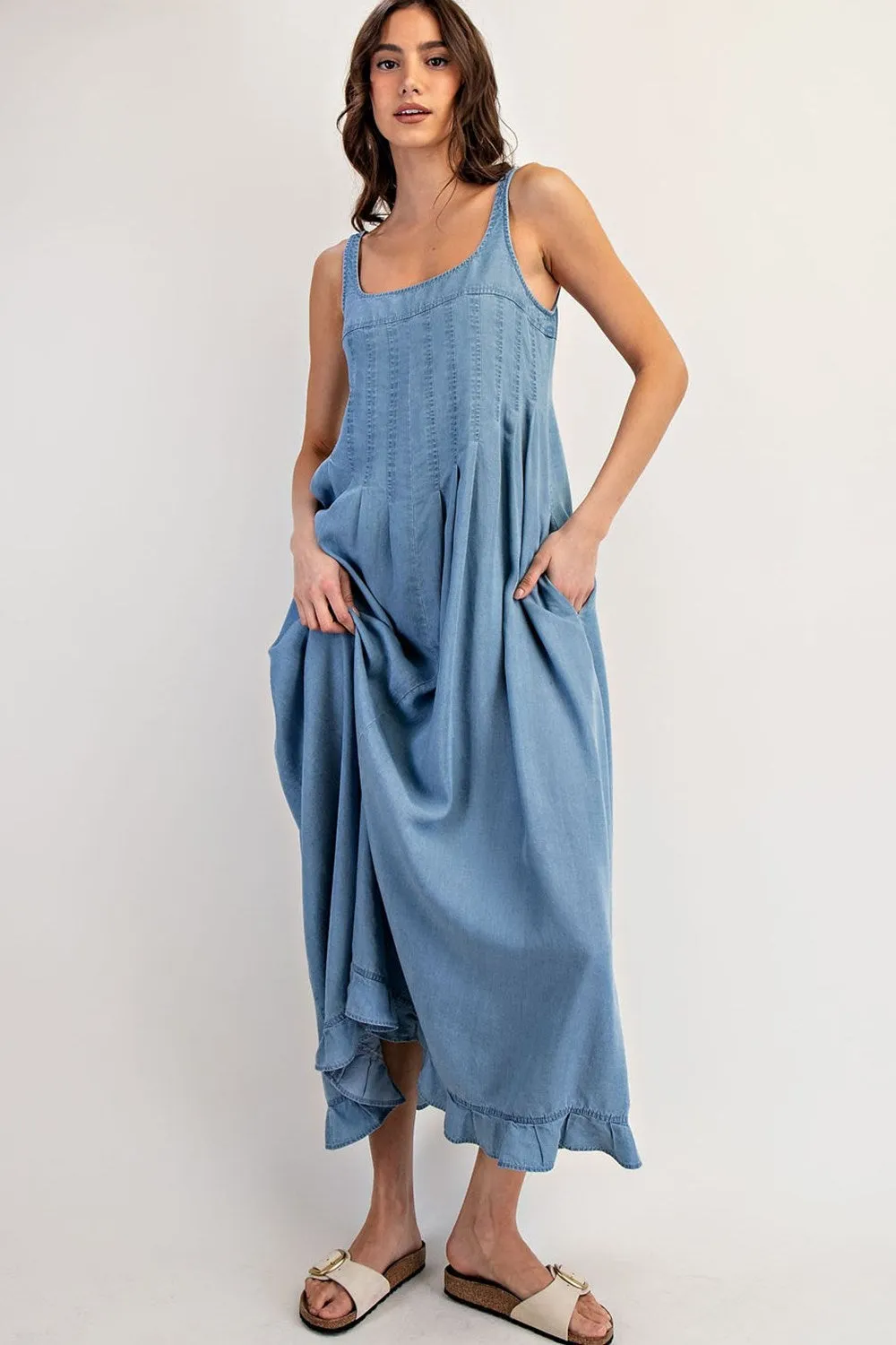 ee:Some Denim Ruffle Hem Sleeveless Maxi Dress