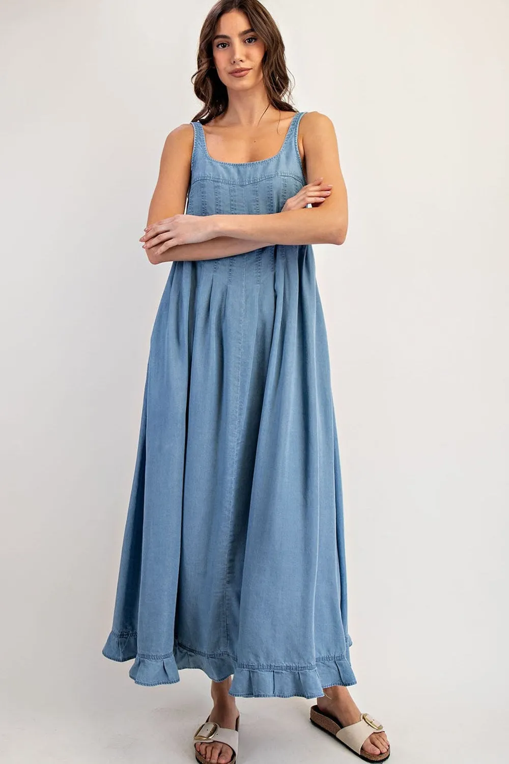 ee:Some Denim Ruffle Hem Sleeveless Maxi Dress