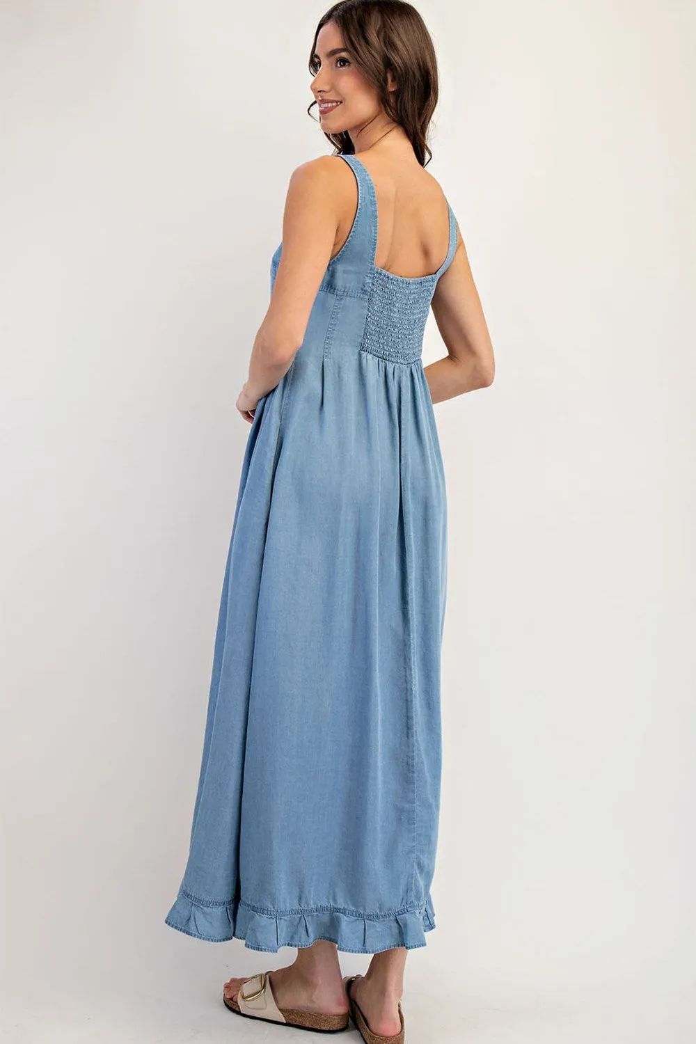 ee:Some Denim Ruffle Hem Sleeveless Maxi Dress