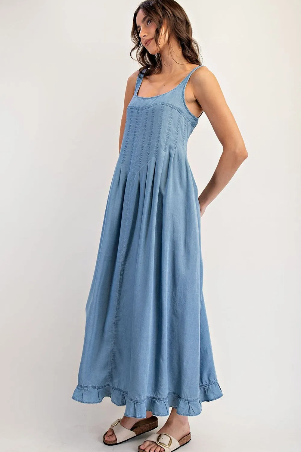 ee:Some Denim Ruffle Hem Sleeveless Maxi Dress