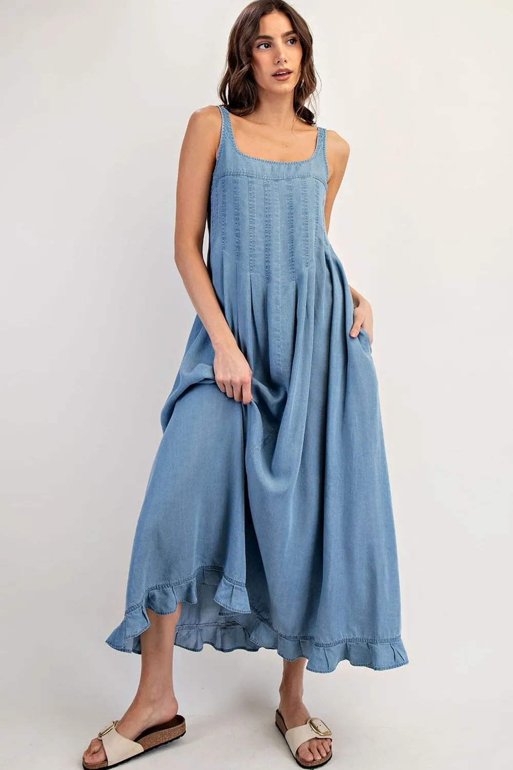 ee:Some Denim Ruffle Hem Sleeveless Maxi Dress