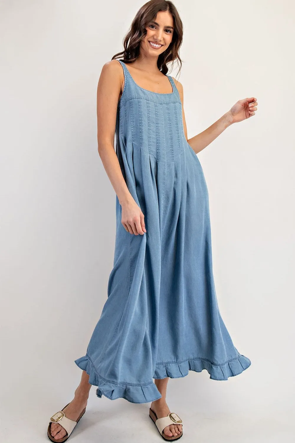 ee:Some Denim Ruffle Hem Sleeveless Maxi Dress