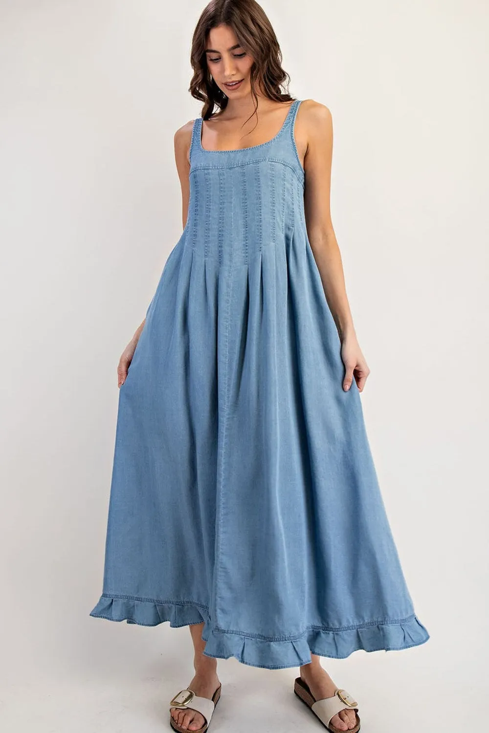 ee:Some Denim Ruffle Hem Sleeveless Maxi Dress