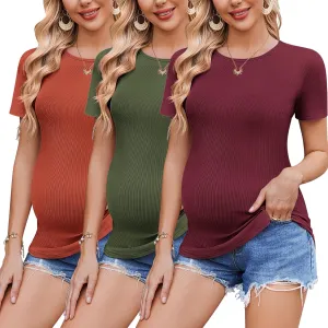 Ekouaer 3 Pack Women Soft Maternity Shirts Ribbed Knit Pregnancy Tops Curved Hem Postpartum Tees Short Sleeve Pregnant Tshirt