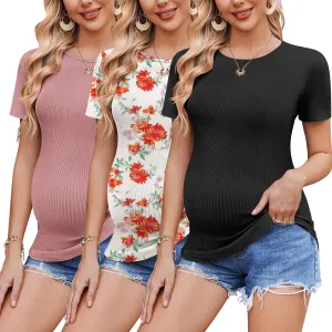 Ekouaer 3 Pack Women Soft Maternity Shirts Ribbed Knit Pregnancy Tops Curved Hem Postpartum Tees Short Sleeve Pregnant Tshirt