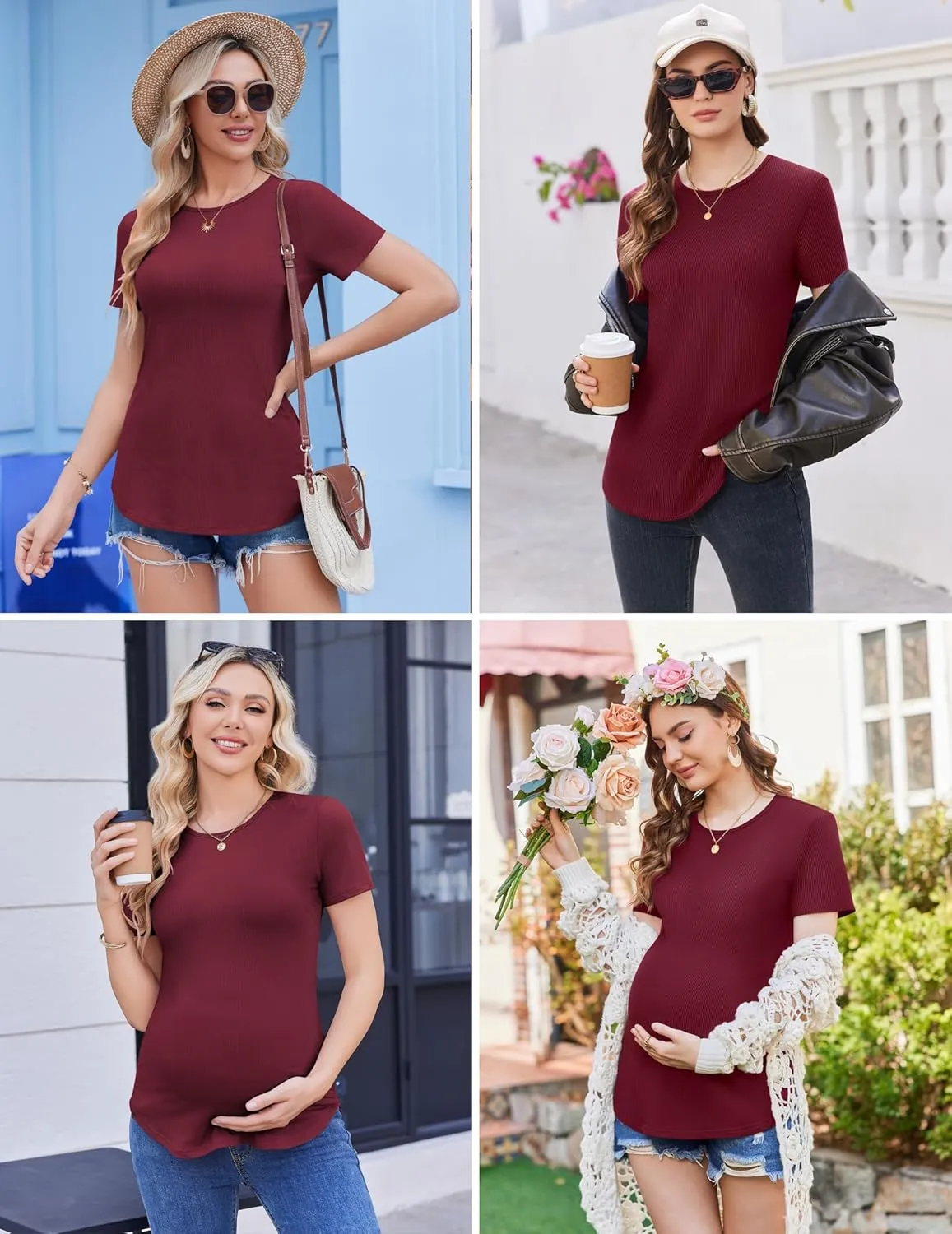 Ekouaer 3 Pack Women Soft Maternity Shirts Ribbed Knit Pregnancy Tops Curved Hem Postpartum Tees Short Sleeve Pregnant Tshirt