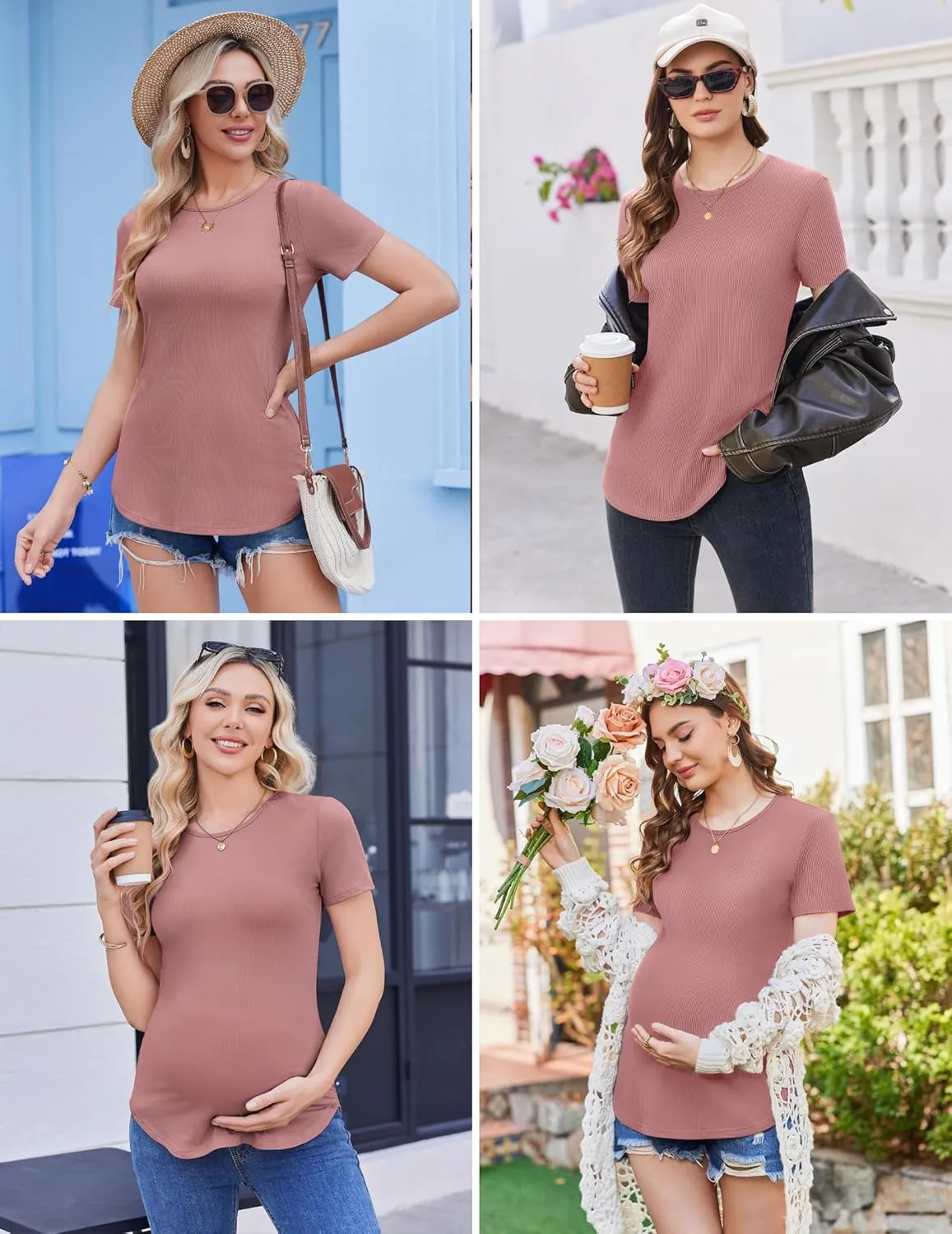 Ekouaer 3 Pack Women Soft Maternity Shirts Ribbed Knit Pregnancy Tops Curved Hem Postpartum Tees Short Sleeve Pregnant Tshirt