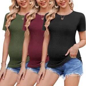 Ekouaer 3 Pack Women Soft Maternity Shirts Ribbed Knit Pregnancy Tops Curved Hem Postpartum Tees Short Sleeve Pregnant Tshirt