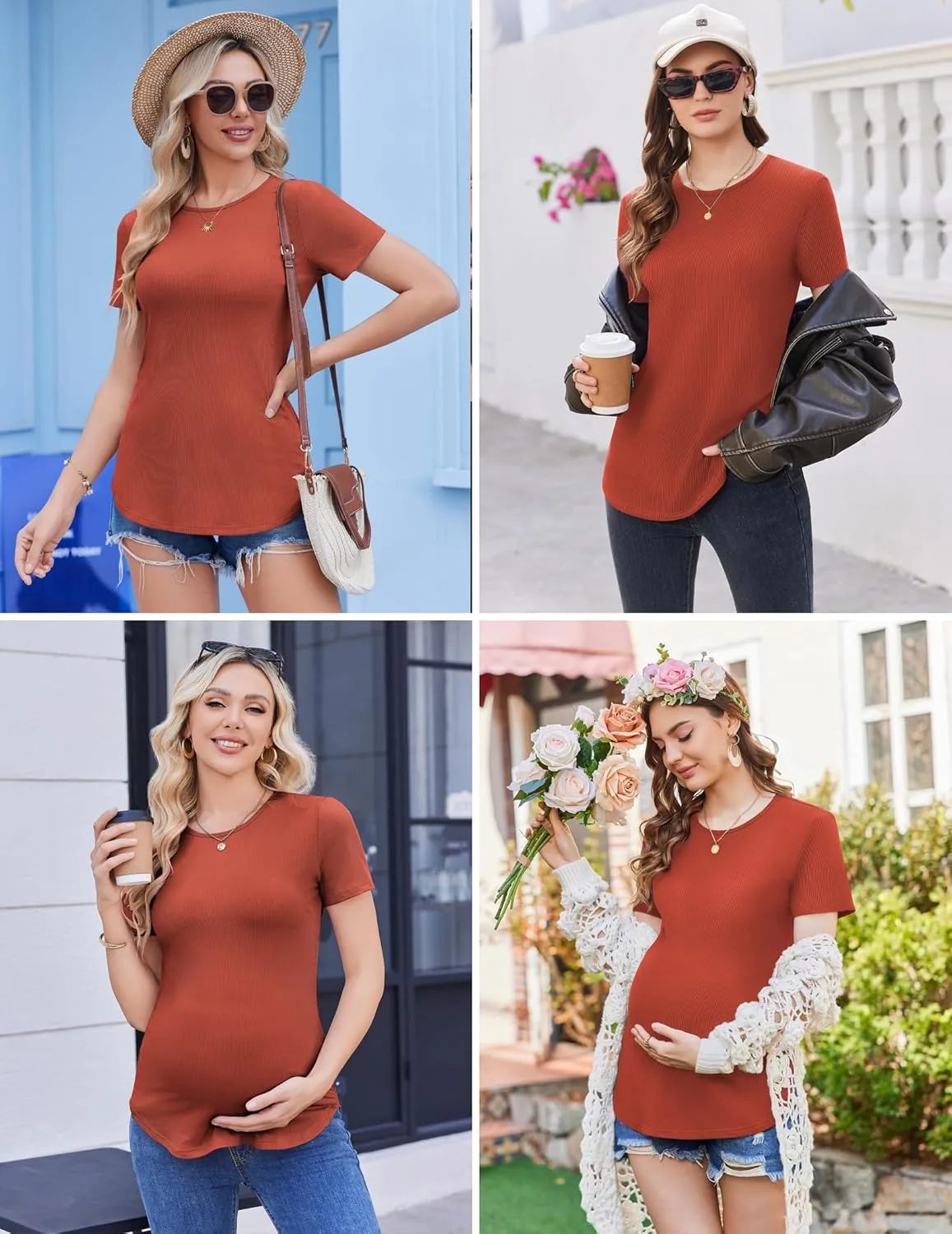 Ekouaer 3 Pack Women Soft Maternity Shirts Ribbed Knit Pregnancy Tops Curved Hem Postpartum Tees Short Sleeve Pregnant Tshirt