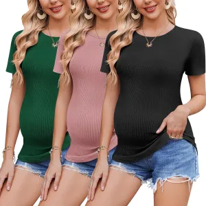 Ekouaer 3 Pack Women Soft Maternity Shirts Ribbed Knit Pregnancy Tops Curved Hem Postpartum Tees Short Sleeve Pregnant Tshirt
