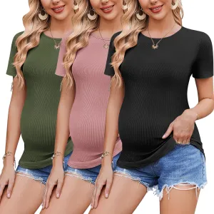 Ekouaer 3 Pack Women Soft Maternity Shirts Ribbed Knit Pregnancy Tops Curved Hem Postpartum Tees Short Sleeve Pregnant Tshirt