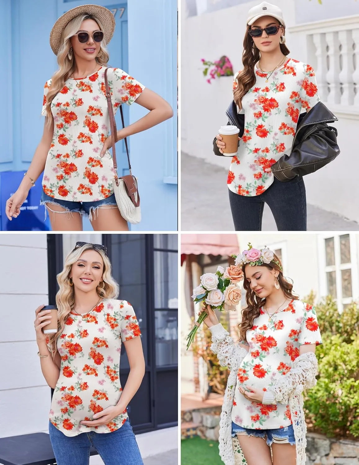 Ekouaer 3 Pack Women Soft Maternity Shirts Ribbed Knit Pregnancy Tops Curved Hem Postpartum Tees Short Sleeve Pregnant Tshirt