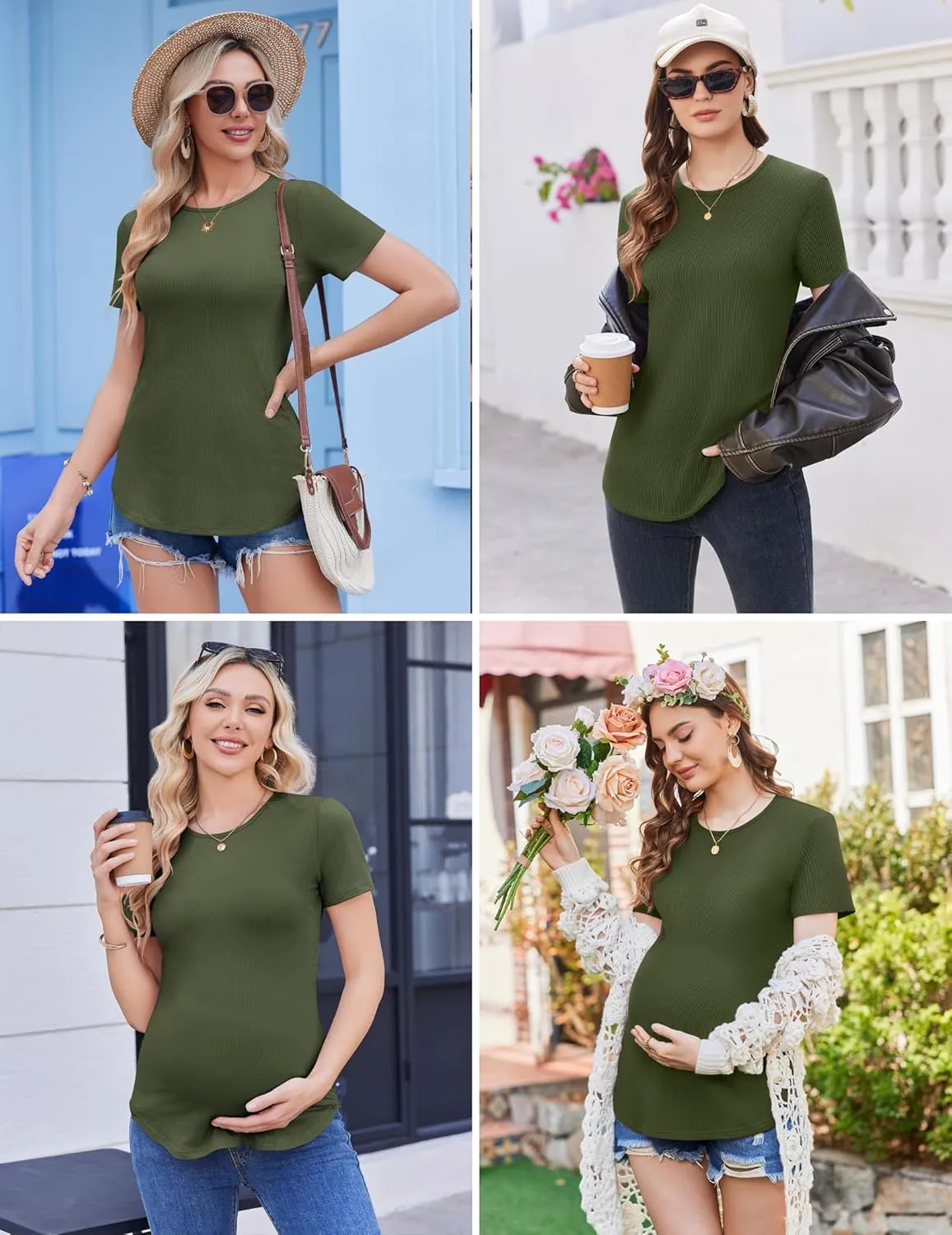 Ekouaer 3 Pack Women Soft Maternity Shirts Ribbed Knit Pregnancy Tops Curved Hem Postpartum Tees Short Sleeve Pregnant Tshirt