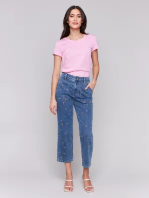 Embroidered Cropped Utility Pocket Jeans - Medium Blue