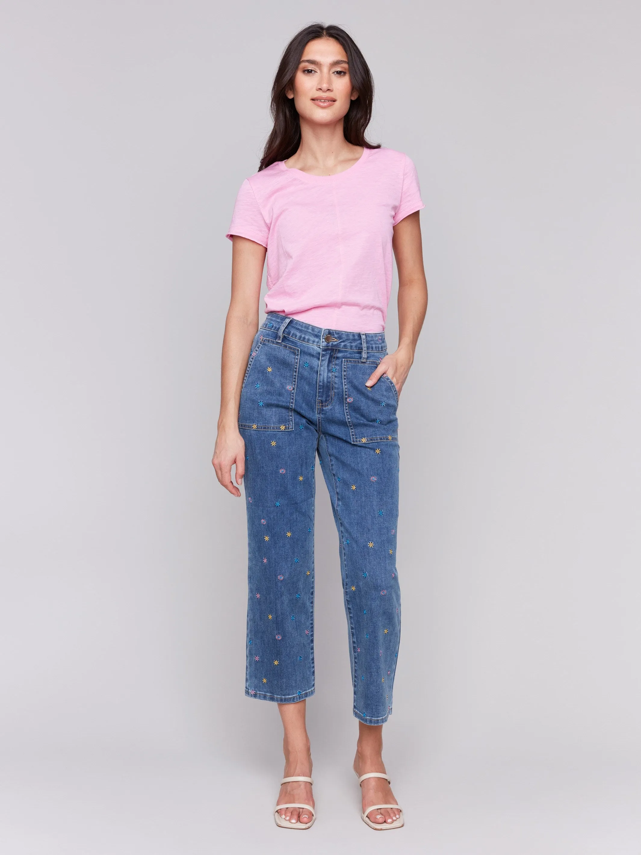Embroidered Cropped Utility Pocket Jeans - Medium Blue